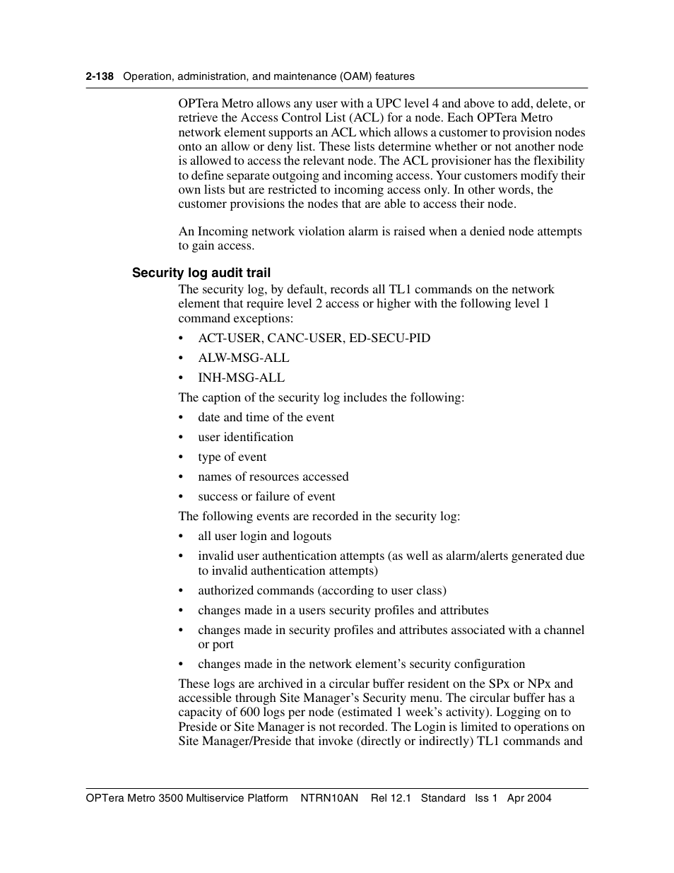 Security log audit trail, Security log audit trail 2-138 | Nortel Networks OPTera Metro 3500 User Manual | Page 176 / 342