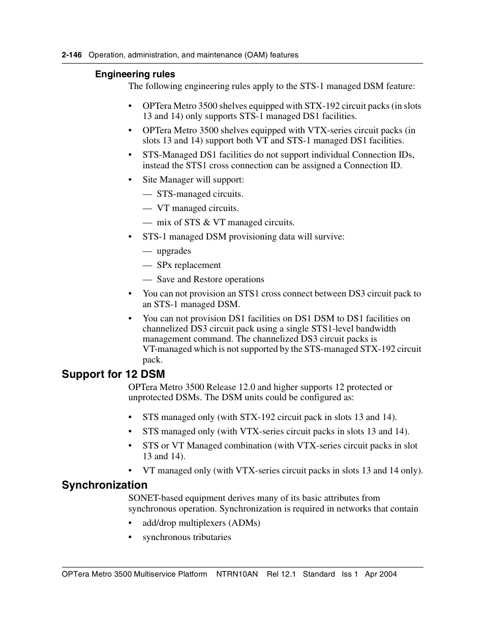 Support for 12 dsm, Synchronization, Support for 12 dsm 2-146 synchronization 2-146 | Nortel Networks OPTera Metro 3500 User Manual | Page 184 / 342