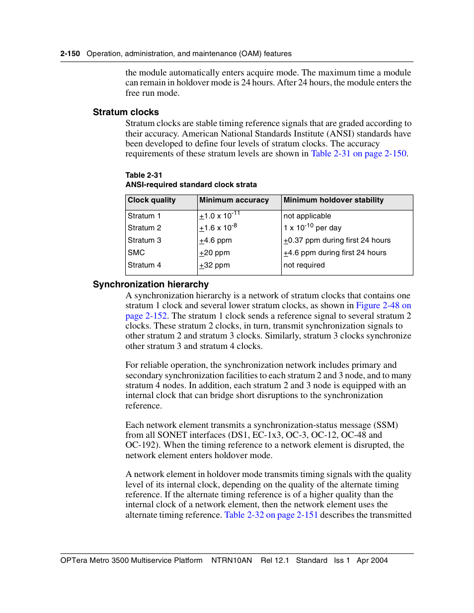 Stratum clocks, Synchronization hierarchy | Nortel Networks OPTera Metro 3500 User Manual | Page 188 / 342