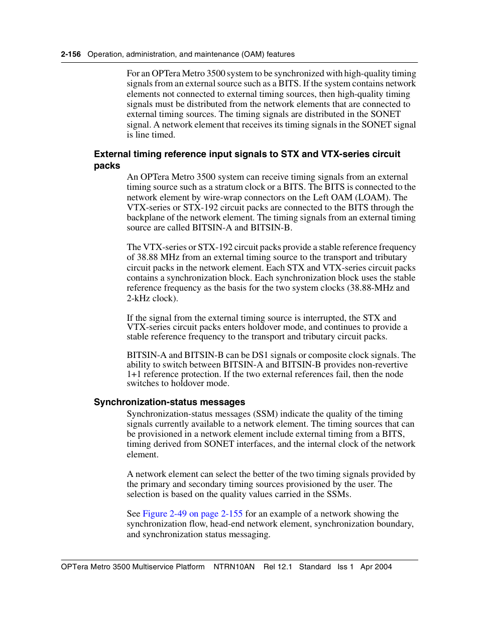 Synchronization-status messages, Synchronization-status messages 2-156, Vtx-48 circuit pack 3-54 | Equipping rules 3-55 | Nortel Networks OPTera Metro 3500 User Manual | Page 194 / 342