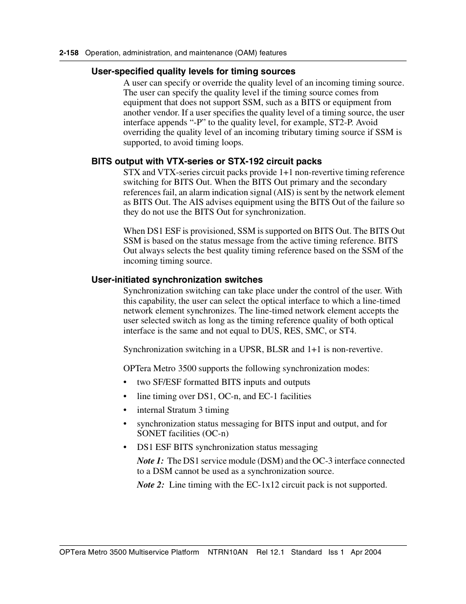 User-specified quality levels for timing sources, Userinitiated synchronization switches | Nortel Networks OPTera Metro 3500 User Manual | Page 196 / 342