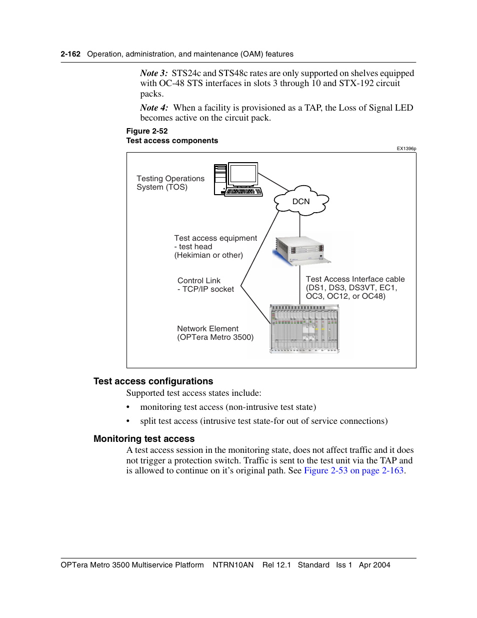Test access configurations, Monitoring test access, Illus | Nortel Networks OPTera Metro 3500 User Manual | Page 200 / 342