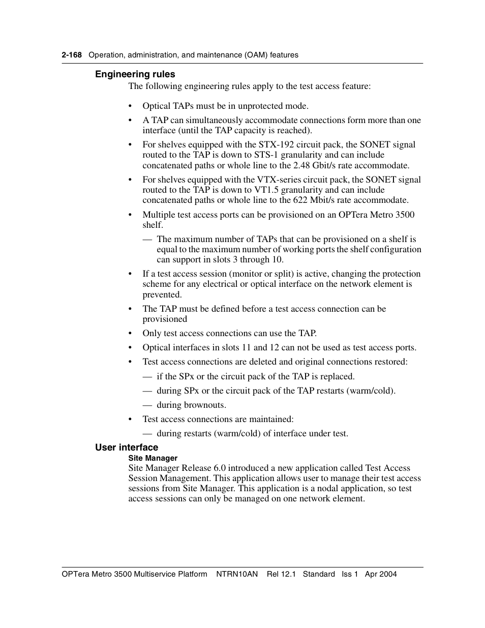 User interface, User interface 2-168 | Nortel Networks OPTera Metro 3500 User Manual | Page 206 / 342