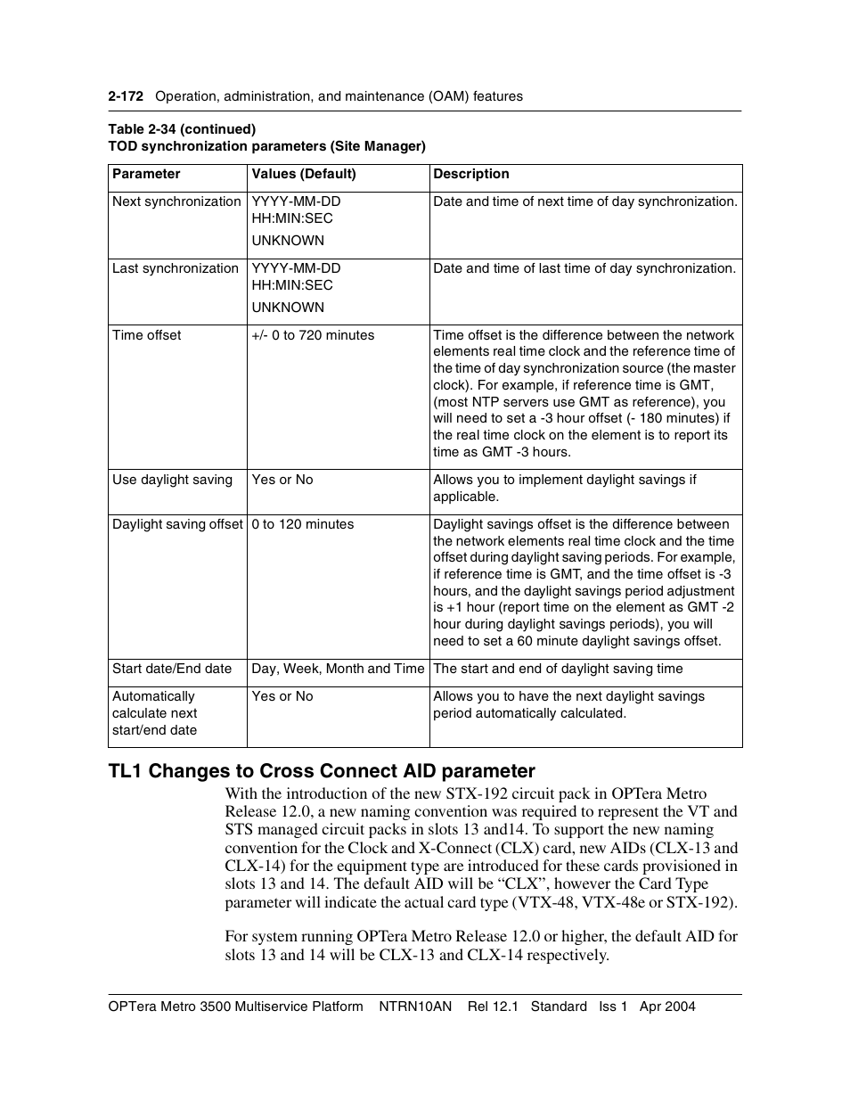 Tl1 changes to cross connect aid parameter, Tl1 changes to cross connect aid parameter 2-172 | Nortel Networks OPTera Metro 3500 User Manual | Page 210 / 342