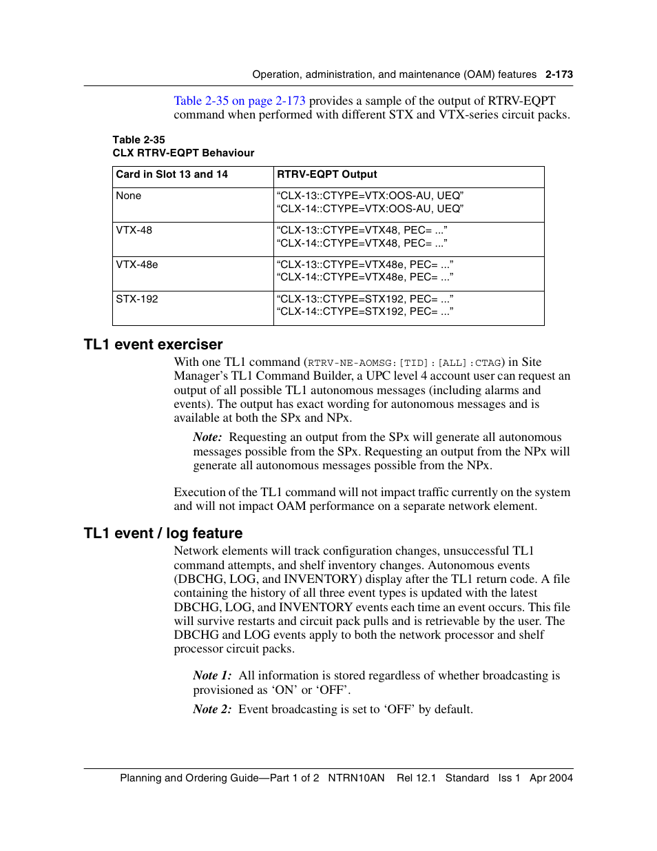 Tl1 event exerciser, Tl1 event / log feature, Tl1 event / log feature on | Nortel Networks OPTera Metro 3500 User Manual | Page 211 / 342