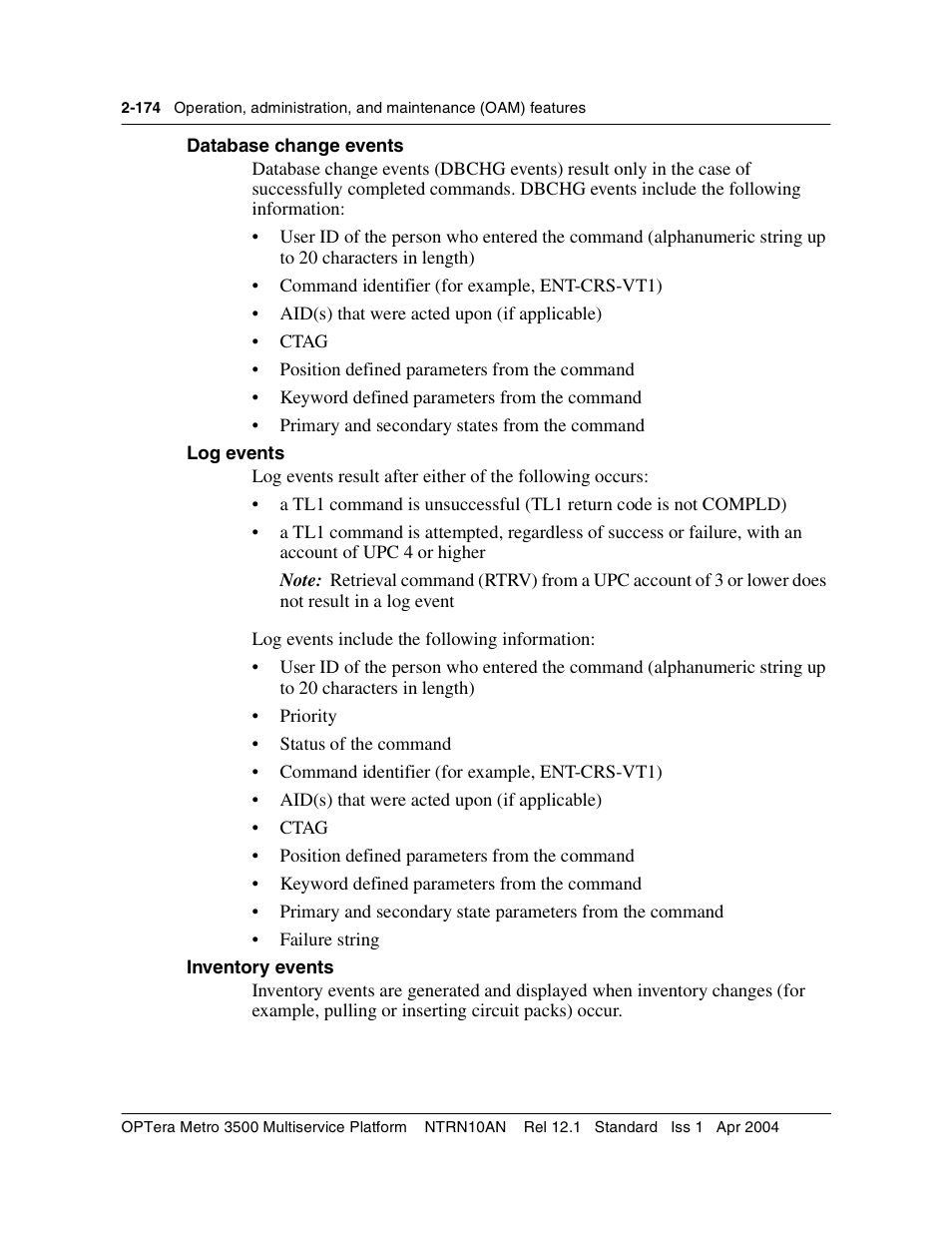 Database change events, Log events, Inventory events | Nortel Networks OPTera Metro 3500 User Manual | Page 212 / 342