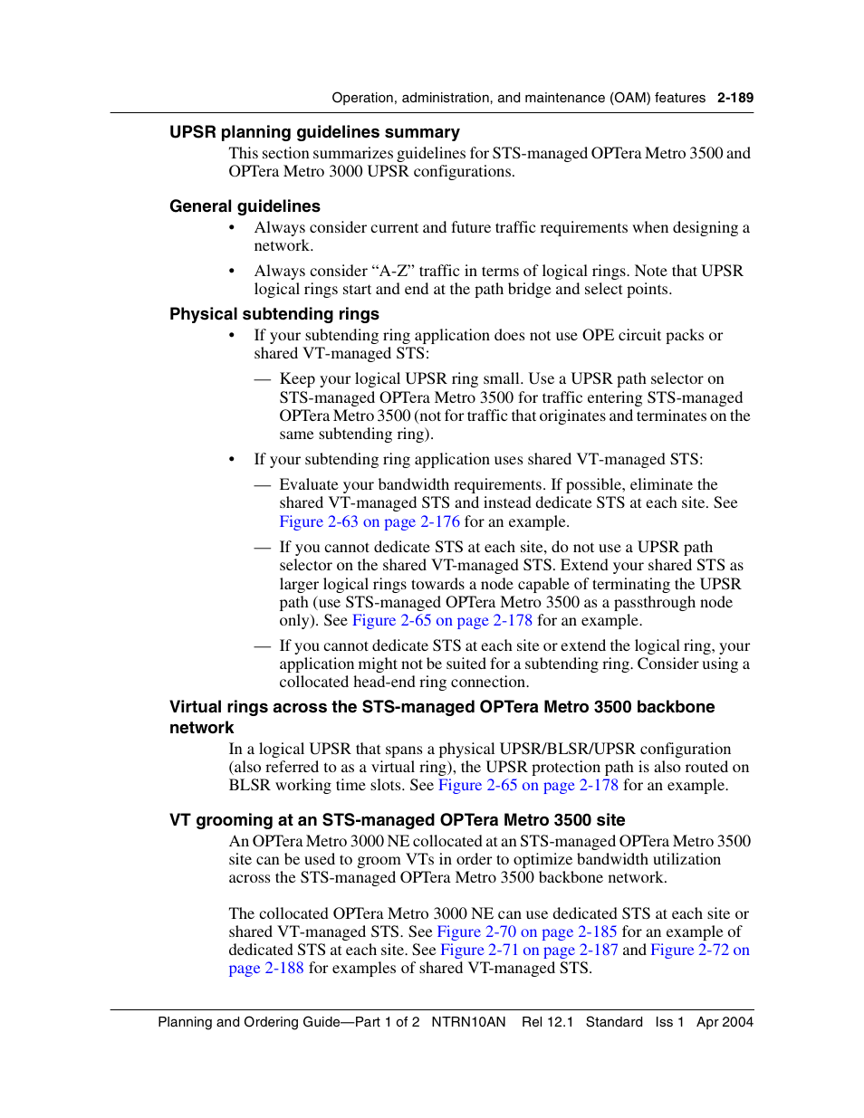 Upsr planning guidelines summary, General guidelines, Physical subtending rings | Network 2-189 | Nortel Networks OPTera Metro 3500 User Manual | Page 227 / 342