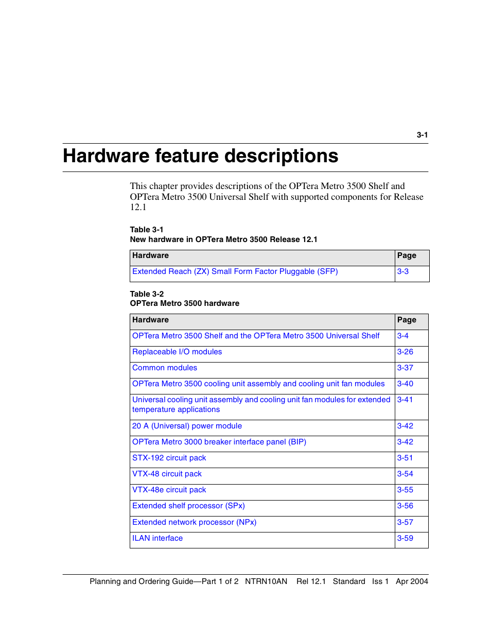 Hardware feature descriptions, Hardware feature descriptions 3 | Nortel Networks OPTera Metro 3500 User Manual | Page 229 / 342