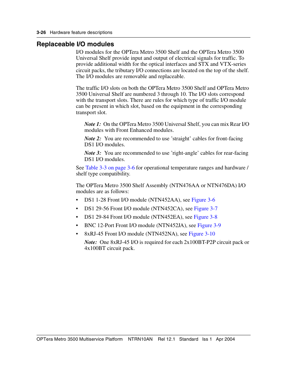 Replaceable i/o modules, Replaceable i/o modules 3-26 | Nortel Networks OPTera Metro 3500 User Manual | Page 254 / 342