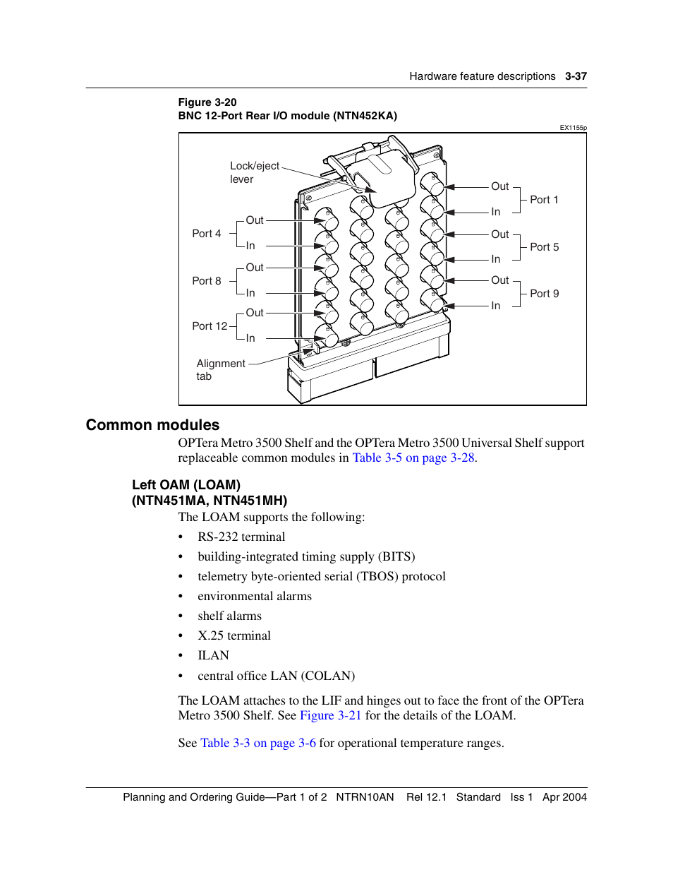 Common modules, Left oam (loam), Common modules 3-37 | Left oam (loam) 3-37, Figure 3-20 | Nortel Networks OPTera Metro 3500 User Manual | Page 265 / 342