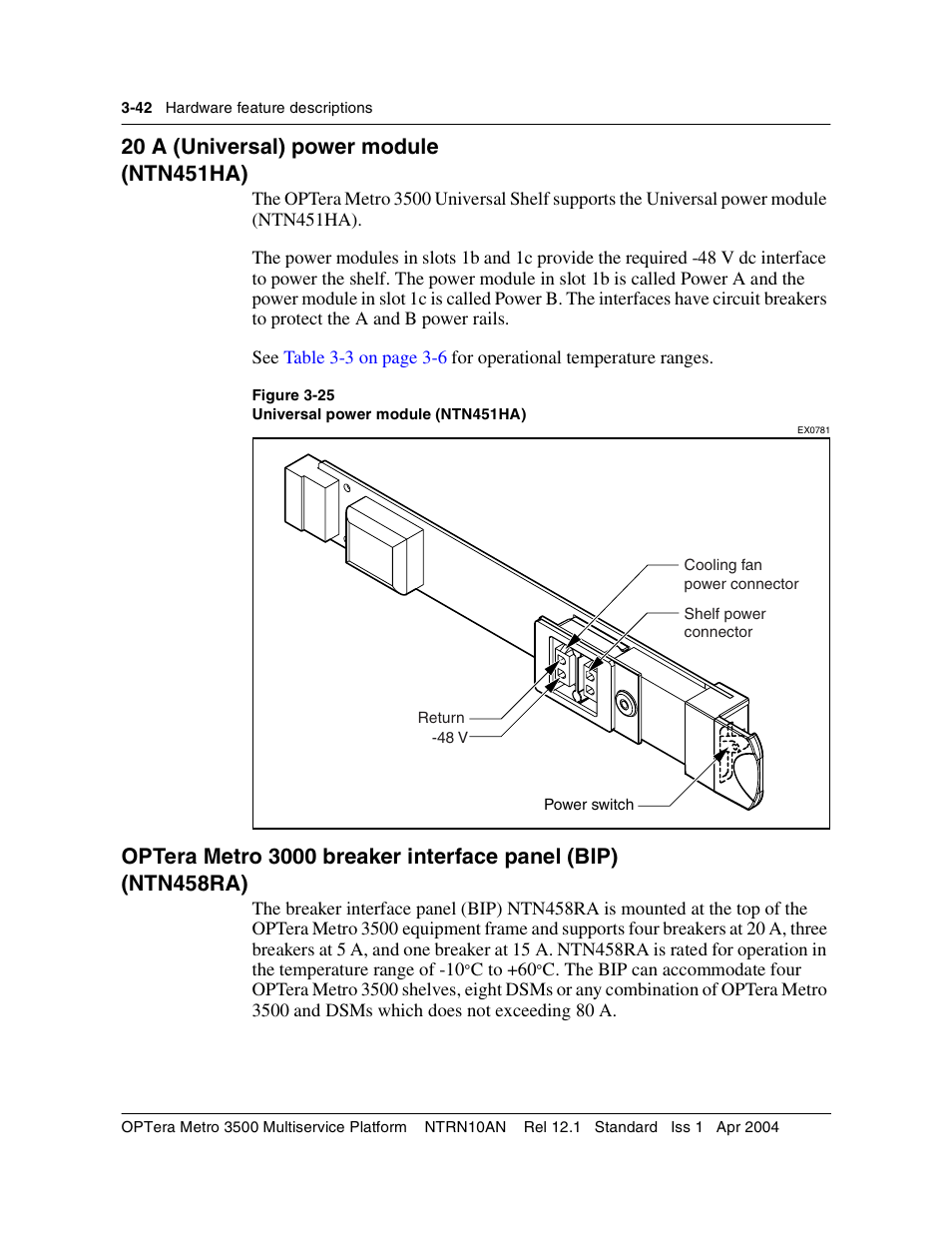 20 a (universal) power module, Optera metro 3000 breaker interface panel (bip) | Nortel Networks OPTera Metro 3500 User Manual | Page 270 / 342