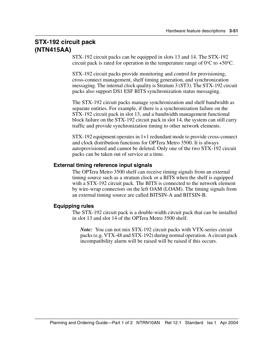 Stx-192 circuit pack, Equipping rules, Stx-192 circuit pack 3-51 | Equipping rules 3-51 | Nortel Networks OPTera Metro 3500 User Manual | Page 279 / 342