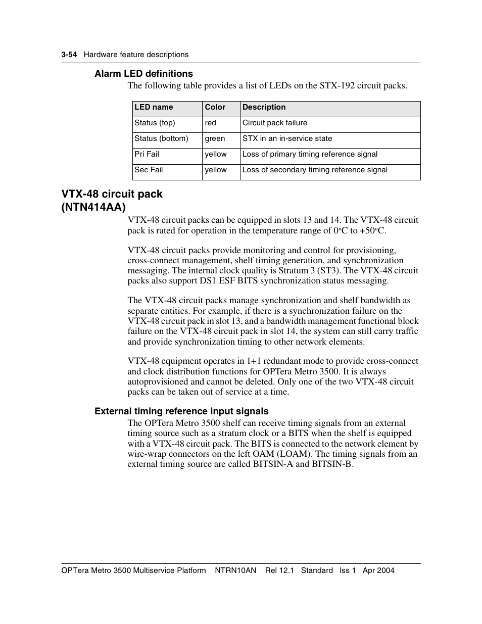 Vtx-48 circuit pack | Nortel Networks OPTera Metro 3500 User Manual | Page 282 / 342