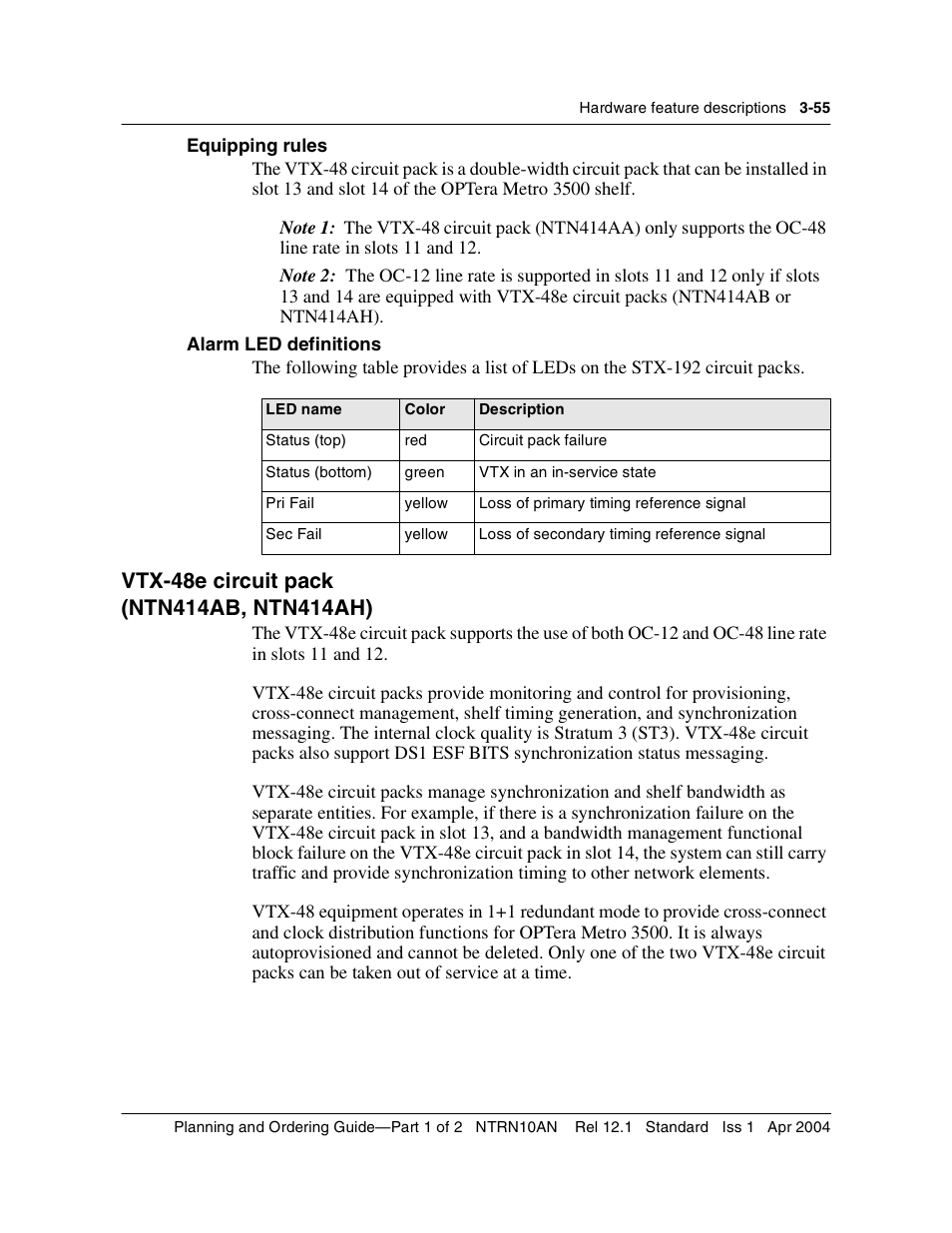 Equipping rules, Vtx-48e circuit pack, Vtx-48e circuit pack 3-55 | Equipping rules 3-78 | Nortel Networks OPTera Metro 3500 User Manual | Page 283 / 342