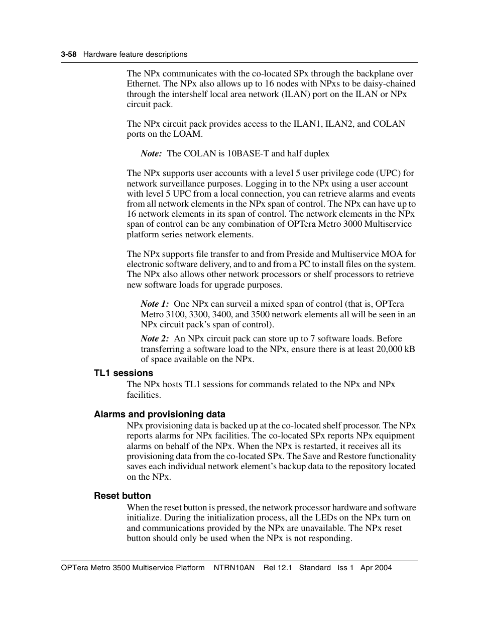 Tl1 sessions, Alarms and provisioning data, Reset button | Nortel Networks OPTera Metro 3500 User Manual | Page 286 / 342