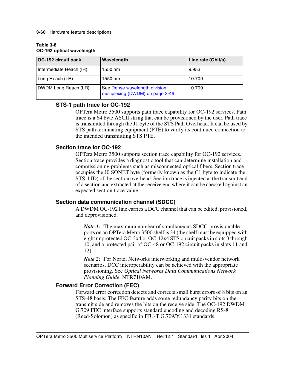 Sts-1 path trace for oc-192, Section trace for oc-192, Section data communication channel (sdcc) | Forward error correction (fec) | Nortel Networks OPTera Metro 3500 User Manual | Page 288 / 342