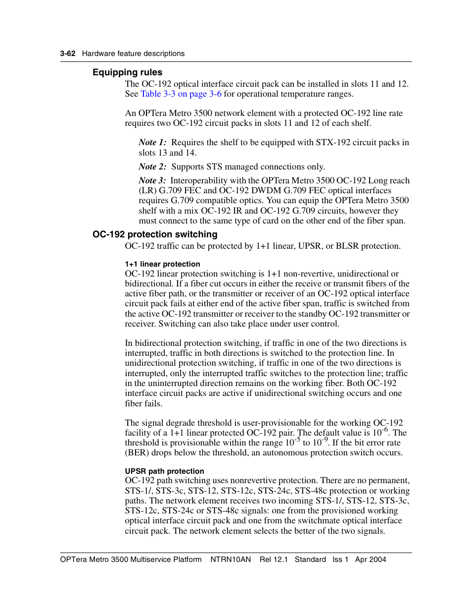 Equipping rules, Oc-192 protection switching | Nortel Networks OPTera Metro 3500 User Manual | Page 290 / 342