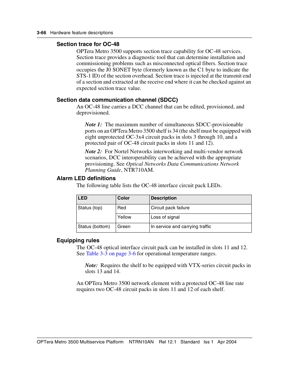 Section trace for oc-48, Section data communication channel (sdcc), Equipping rules | Nortel Networks OPTera Metro 3500 User Manual | Page 294 / 342