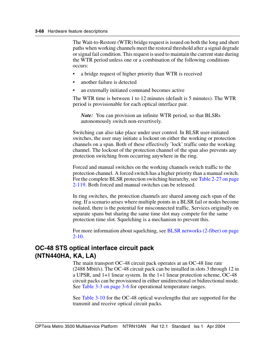 Oc-48 sts optical interface circuit pack, Oc-48 sts optical interface circuit pack 3-68 | Nortel Networks OPTera Metro 3500 User Manual | Page 296 / 342