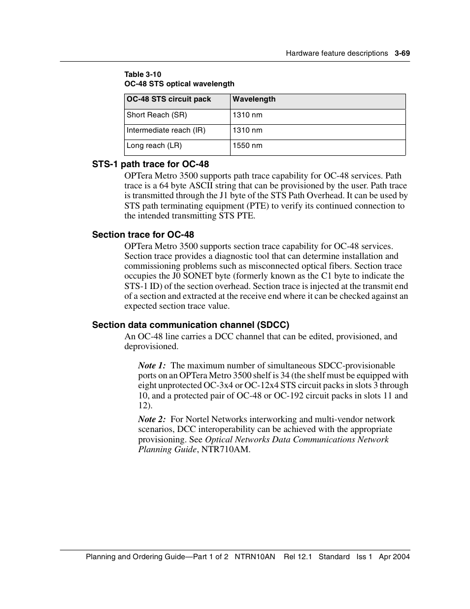 Sts-1 path trace for oc-48, Section trace for oc-48, Section data communication channel (sdcc) | Table 3-10 | Nortel Networks OPTera Metro 3500 User Manual | Page 297 / 342
