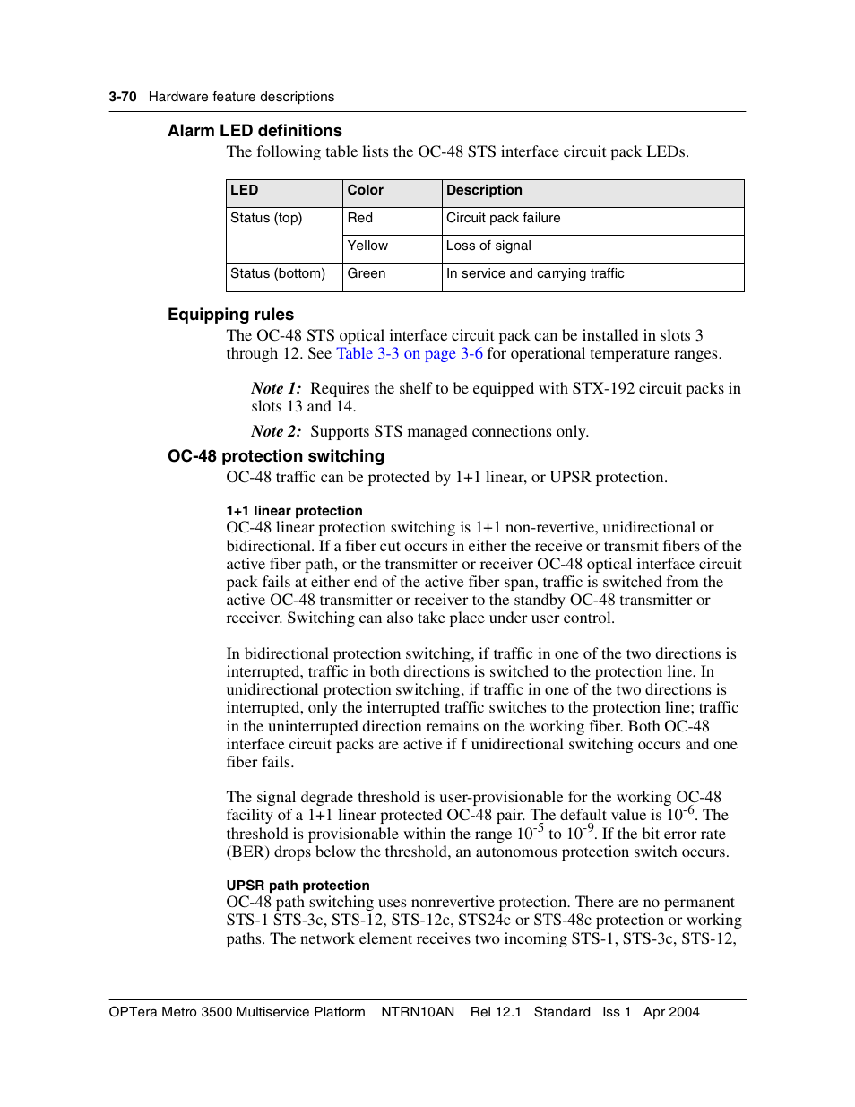 Equipping rules, Oc-48 protection switching | Nortel Networks OPTera Metro 3500 User Manual | Page 298 / 342