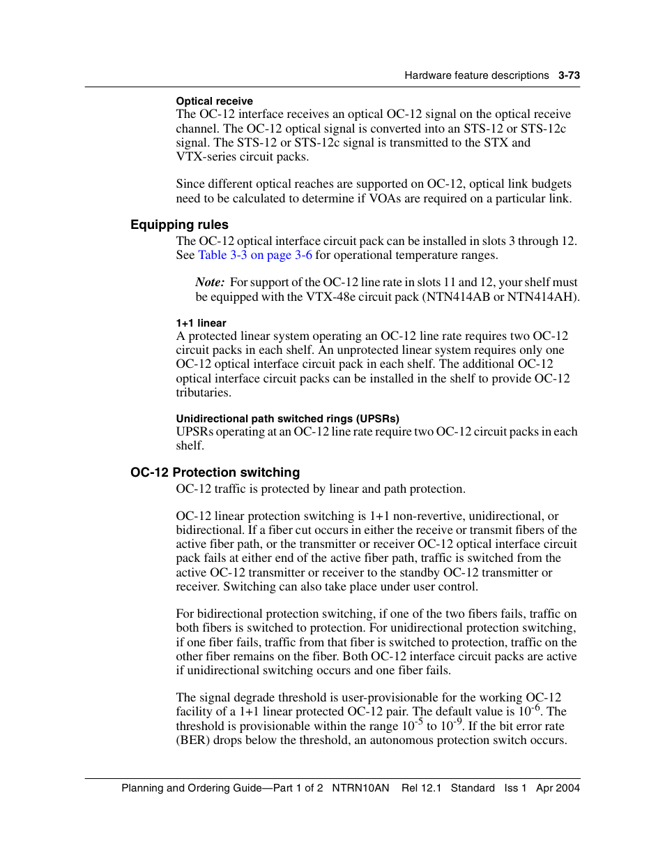 Equipping rules, Oc-12 protection switching | Nortel Networks OPTera Metro 3500 User Manual | Page 301 / 342