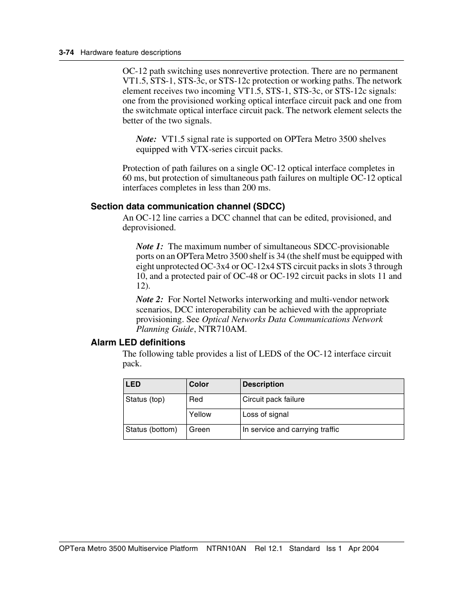 Section data communication channel (sdcc), Section data communication channel (sdcc) 3-74 | Nortel Networks OPTera Metro 3500 User Manual | Page 302 / 342