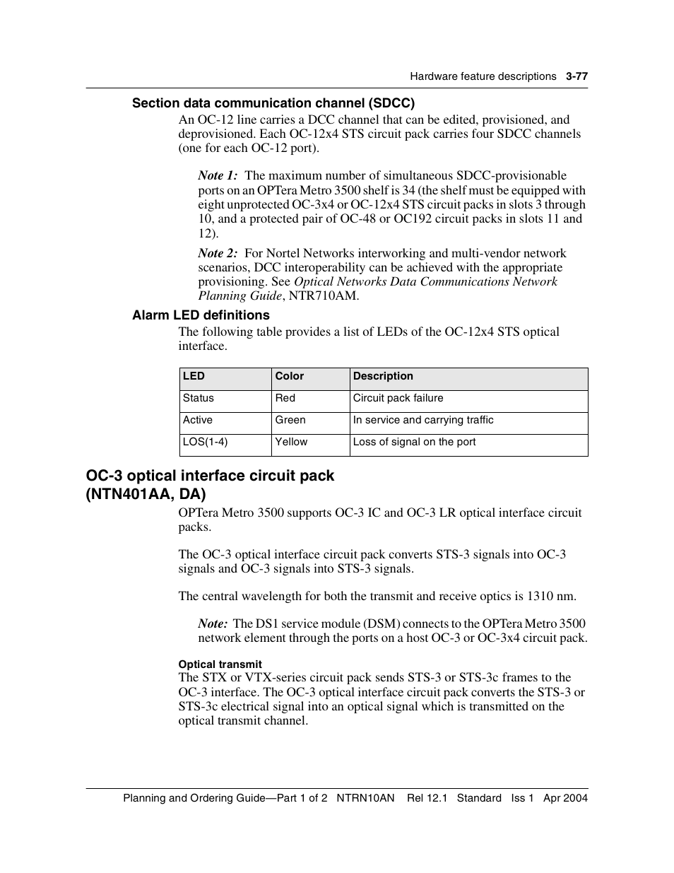 Section data communication channel (sdcc), Oc3 optical interface circuit pack, Section data communication channel (sdcc) 3-77 | Oc-3 optical interface circuit pack 3-77, Oc-3 optical interface circuit pack, Oc-3 optical interface circuit pack (ntn401aa, da) | Nortel Networks OPTera Metro 3500 User Manual | Page 305 / 342