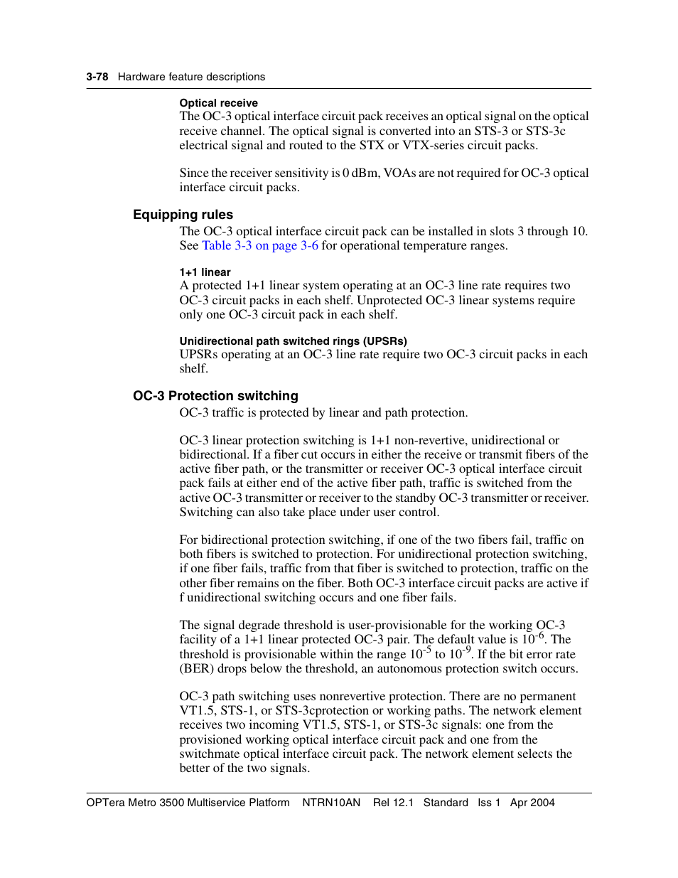 Equipping rules, Oc-3 protection switching, Oc-3 protection switching 3-78 | Nortel Networks OPTera Metro 3500 User Manual | Page 306 / 342