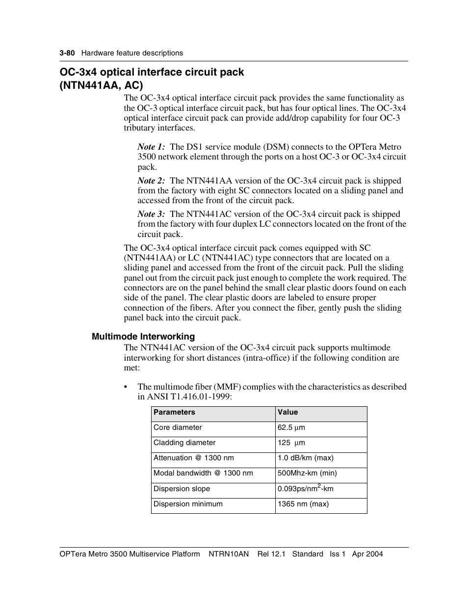 Oc-3x4 optical interface circuit pack, Multimode interworking, Oc-3x4 optical interface circuit pack 3-80 | Multimode interworking 3-80 | Nortel Networks OPTera Metro 3500 User Manual | Page 308 / 342