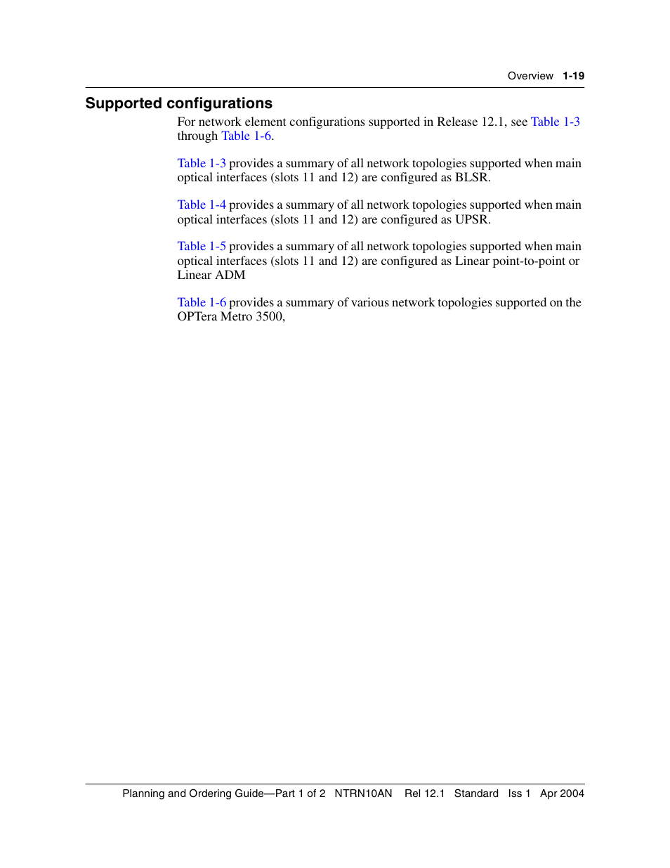 Supported configurations, Supported configurations 1-19 | Nortel Networks OPTera Metro 3500 User Manual | Page 31 / 342