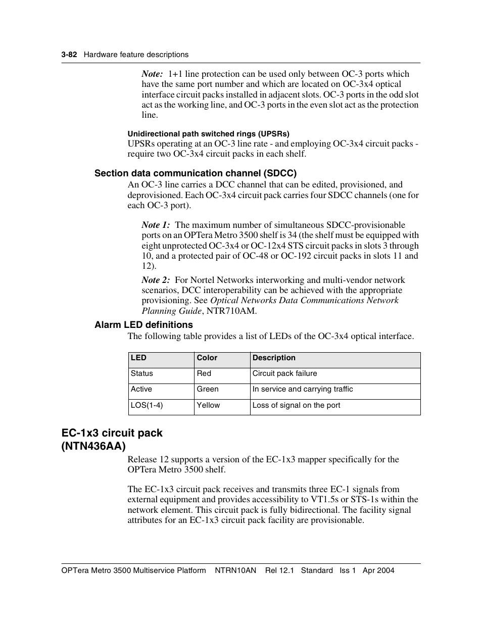 Section data communication channel (sdcc), Ec-1x3 circuit pack, Section data communication channel (sdcc) 3-82 | Ec-1x3 circuit pack 3-82 | Nortel Networks OPTera Metro 3500 User Manual | Page 310 / 342