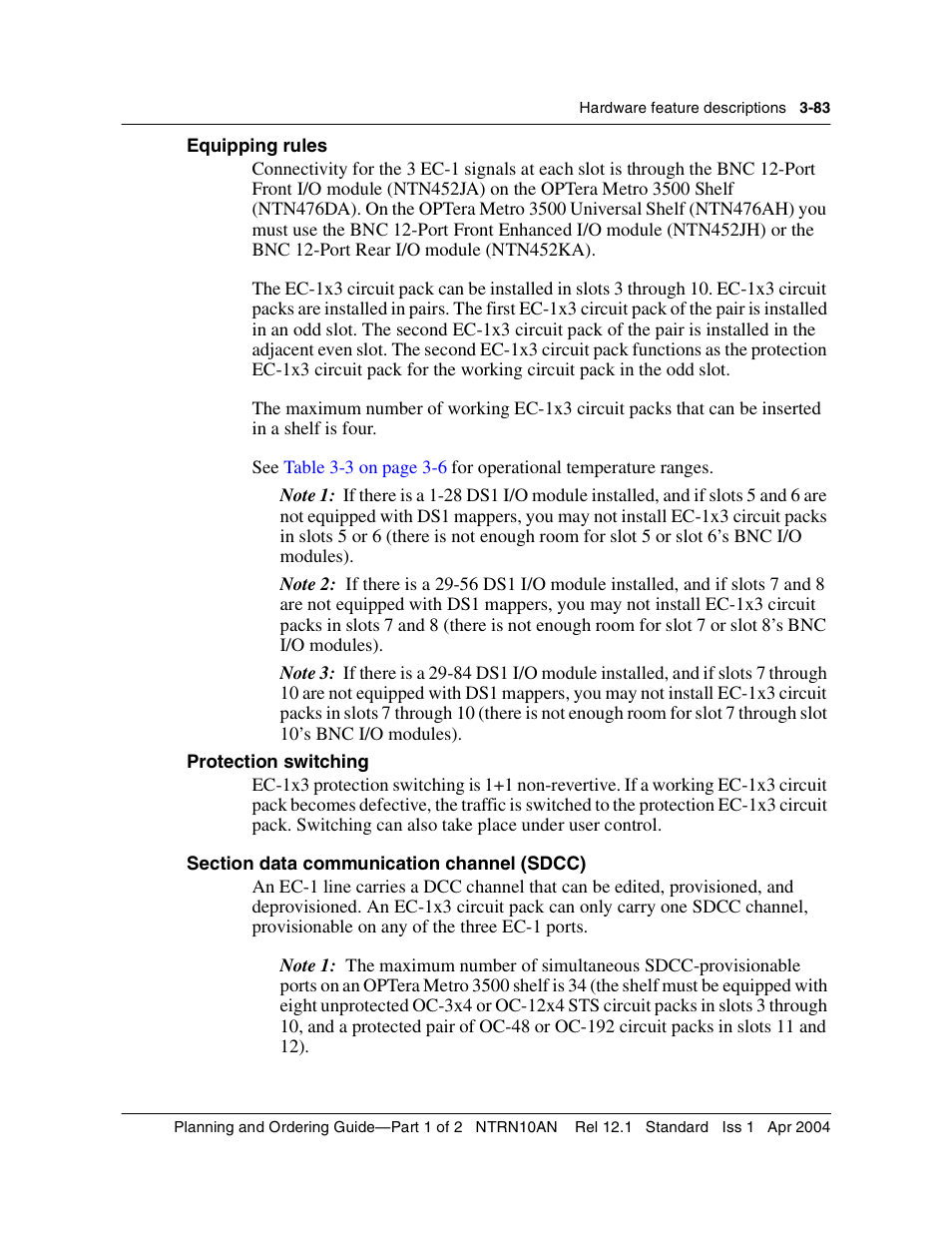 Equipping rules, Protection switching, Section data communication channel (sdcc) | Nortel Networks OPTera Metro 3500 User Manual | Page 311 / 342