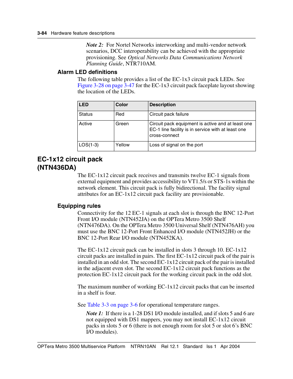 Ec-1x12 circuit pack, Equipping rules, Ec-1x12 circuit pack 3-84 | Equipping rules 3-84 | Nortel Networks OPTera Metro 3500 User Manual | Page 312 / 342