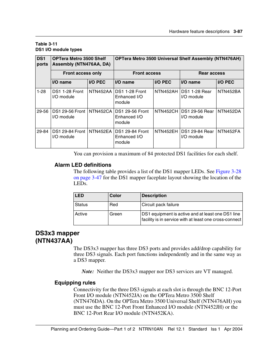 Ds3x3 mapper, Equipping rules, Ds3x3 mapper 3-87 | Equipping rules 3-87, Ated in, Table 3-11 | Nortel Networks OPTera Metro 3500 User Manual | Page 315 / 342