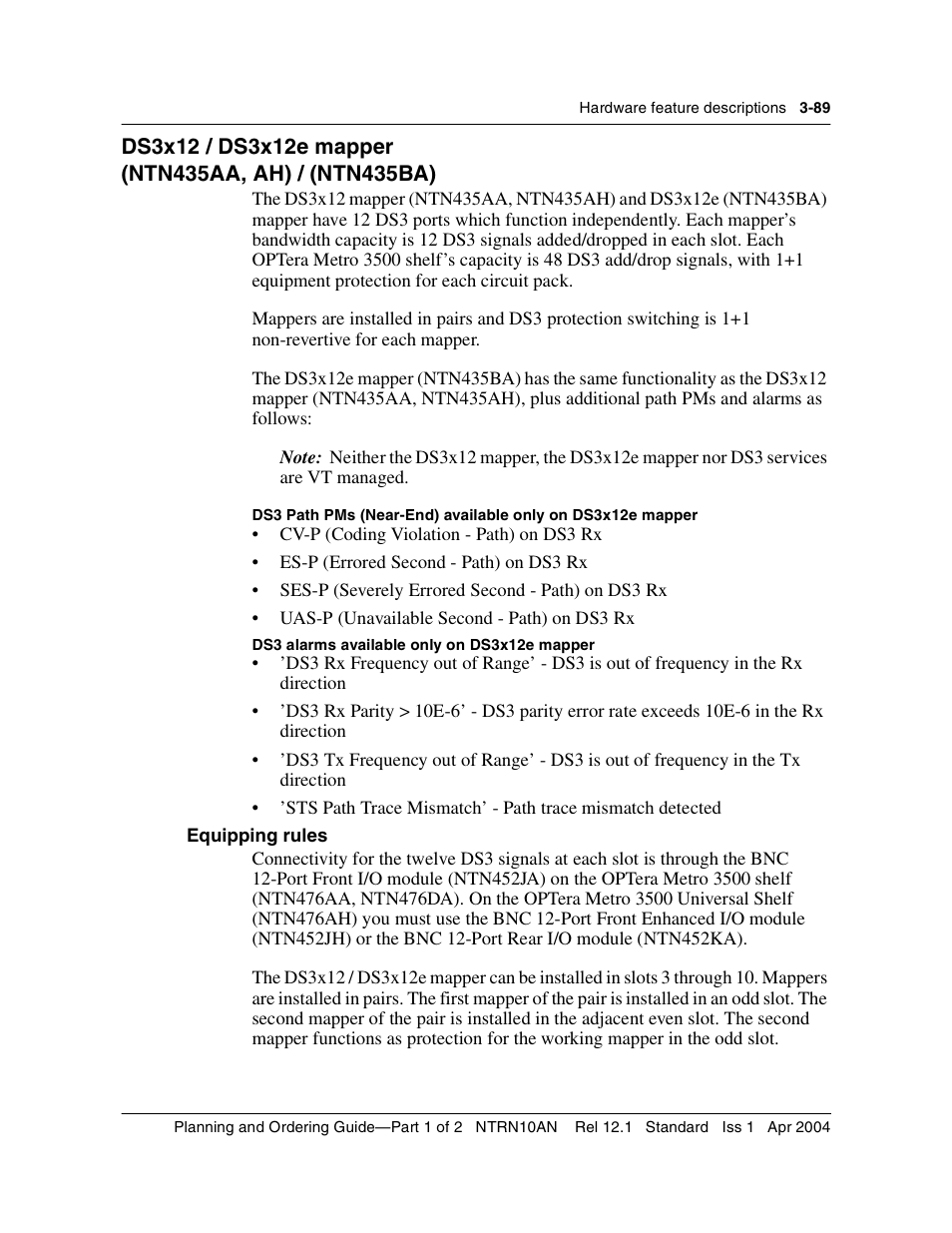 Ds3x12 / ds3x12e mapper, Equipping rules, Ds3x12 / ds3x12e mapper 3-89 | Equipping rules 3-89 | Nortel Networks OPTera Metro 3500 User Manual | Page 317 / 342