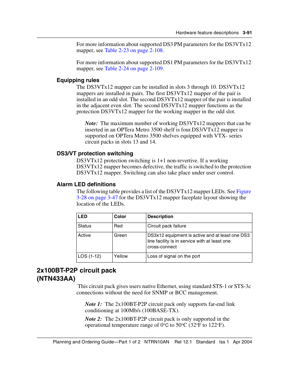 Equipping rules, Ds3/vt protection switching, 2x100bt-p2p circuit pack | 2x100bt-p2p circuit pack 3-91, 2x100bt-p2p circuit | Nortel Networks OPTera Metro 3500 User Manual | Page 319 / 342