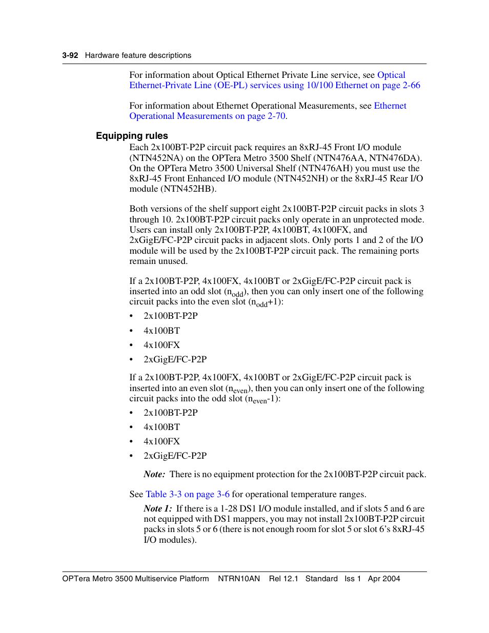 Equipping rules, Equipping rules 3-92 | Nortel Networks OPTera Metro 3500 User Manual | Page 320 / 342