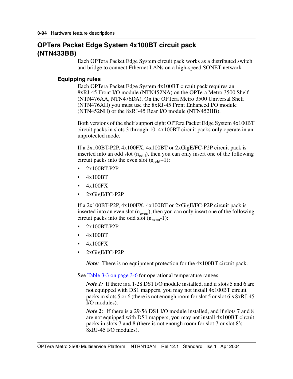 Optera packet edge system 4x100bt circuit pack, Equipping rules, Equipping rules 3-94 | Nortel Networks OPTera Metro 3500 User Manual | Page 322 / 342