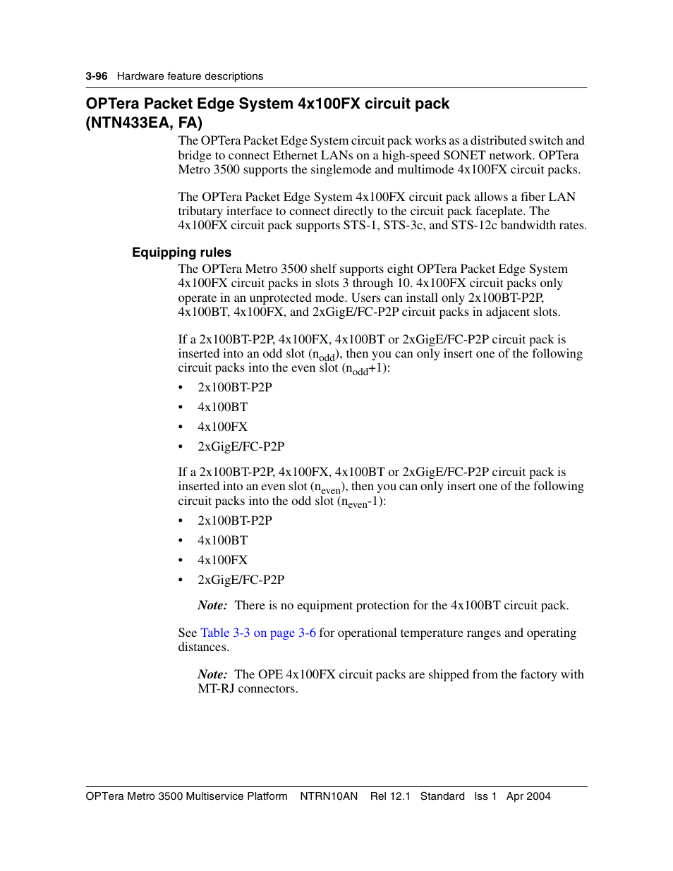 Optera packet edge system 4x100fx circuit pack, Equipping rules, Equipping rules 3-96 | Nortel Networks OPTera Metro 3500 User Manual | Page 324 / 342