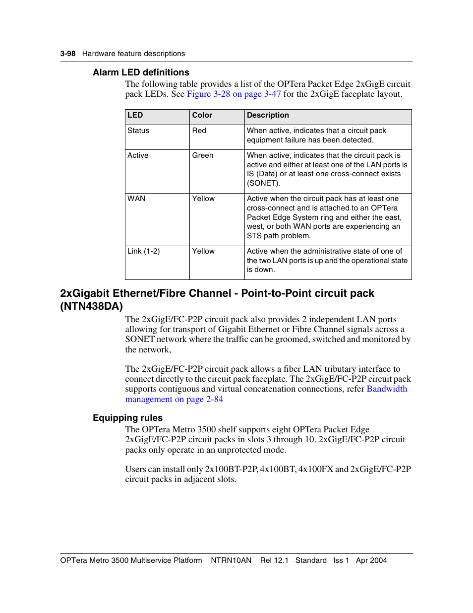 Equipping rules, Equipping rules 3-98 | Nortel Networks OPTera Metro 3500 User Manual | Page 326 / 342