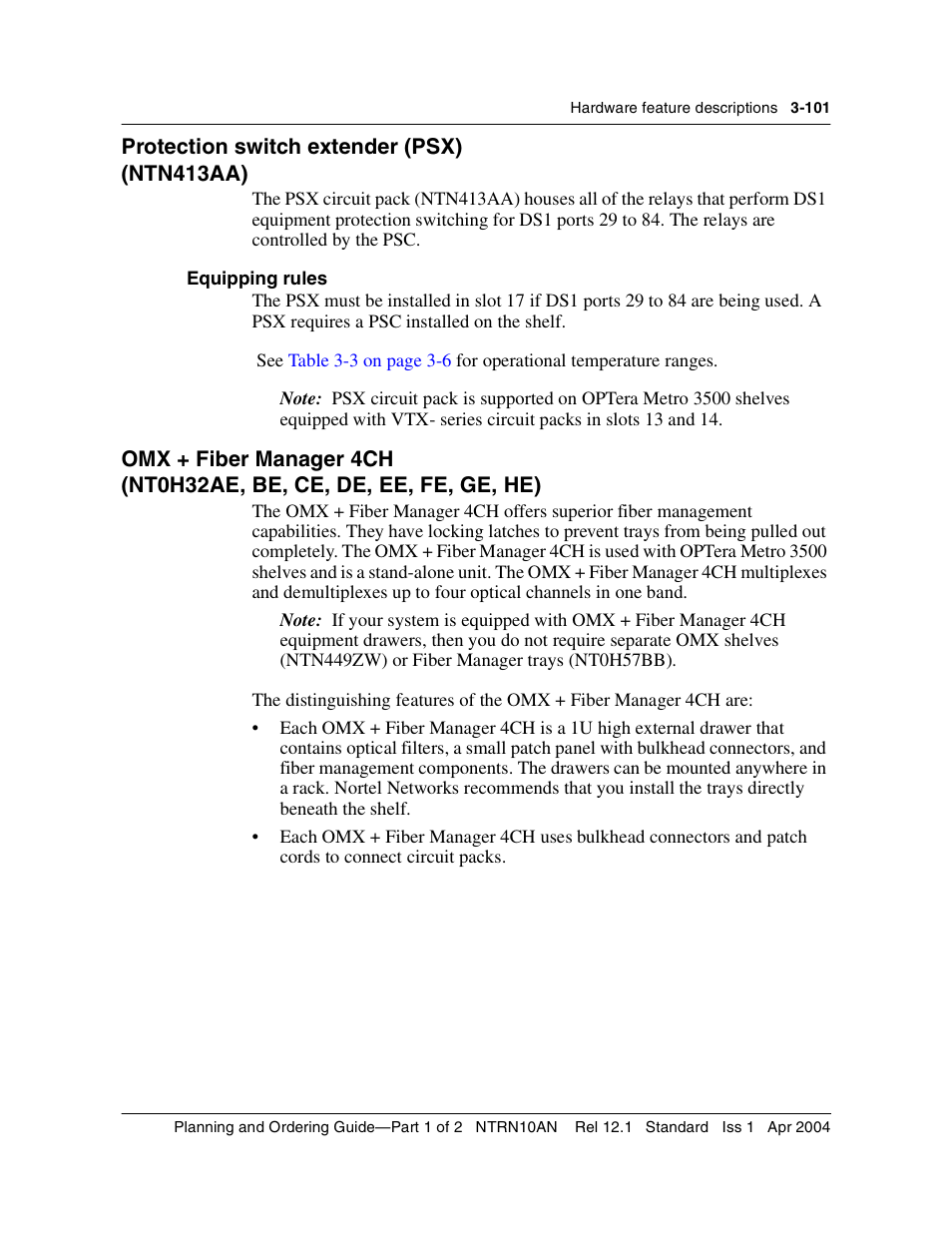 Protection switch extender (psx), Equipping rules, Omx + fiber manager 4ch | Protection switch extender (psx) 3-101, Equipping rules 3-101, Omx + fiber manager 4ch 3-101 | Nortel Networks OPTera Metro 3500 User Manual | Page 329 / 342