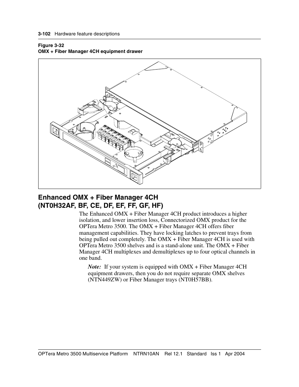Enhanced omx + fiber manager 4ch, Enhanced omx + fiber manager 4ch 3-102 | Nortel Networks OPTera Metro 3500 User Manual | Page 330 / 342