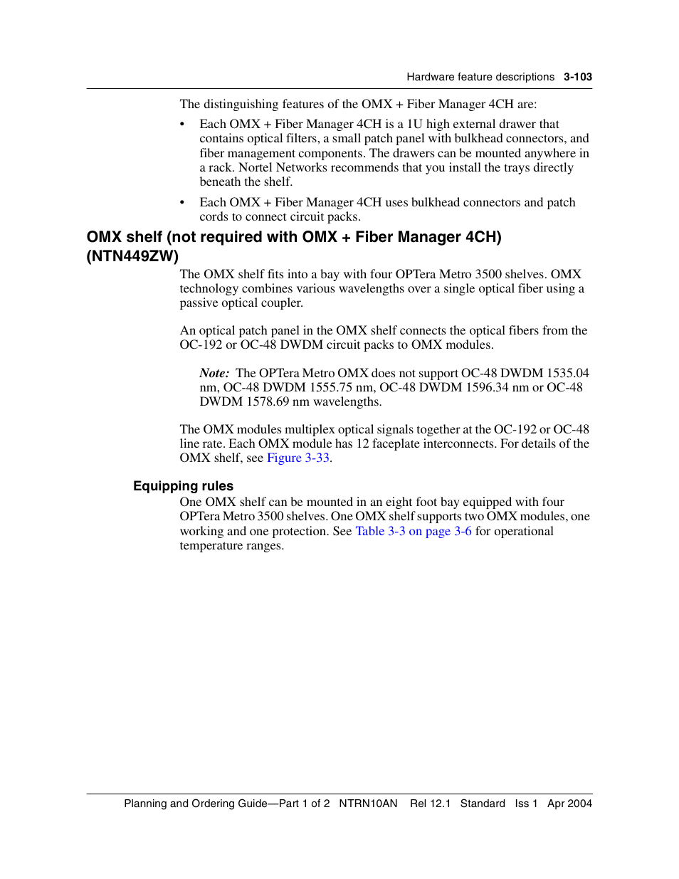 Equipping rules, Equipping rules 3-103 | Nortel Networks OPTera Metro 3500 User Manual | Page 331 / 342