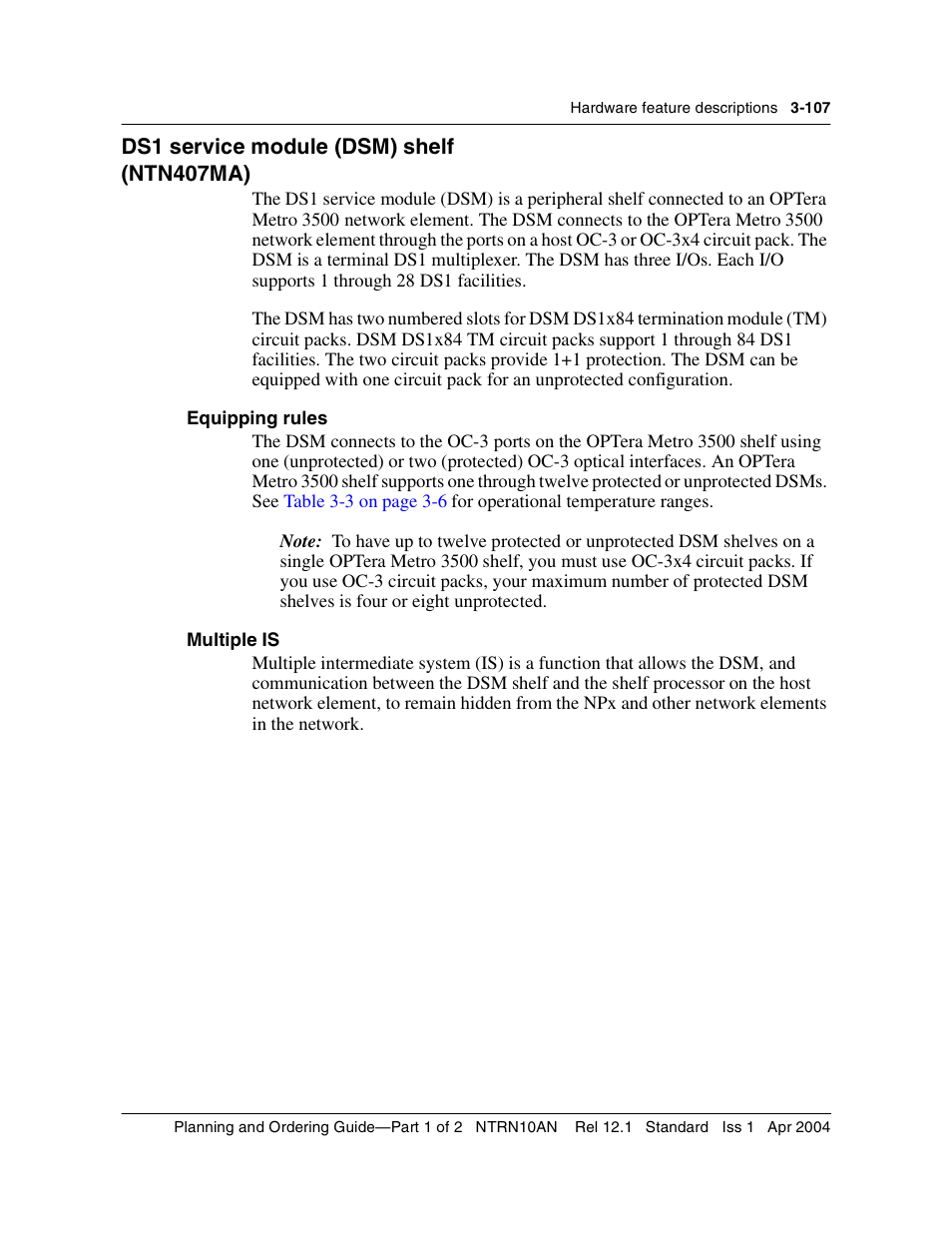 Ds1 service module (dsm) shelf, Equipping rules, Multiple is | Ds1 service module (dsm) shelf 3-107, Equipping rules 3-107 multiple is 3-107 | Nortel Networks OPTera Metro 3500 User Manual | Page 335 / 342