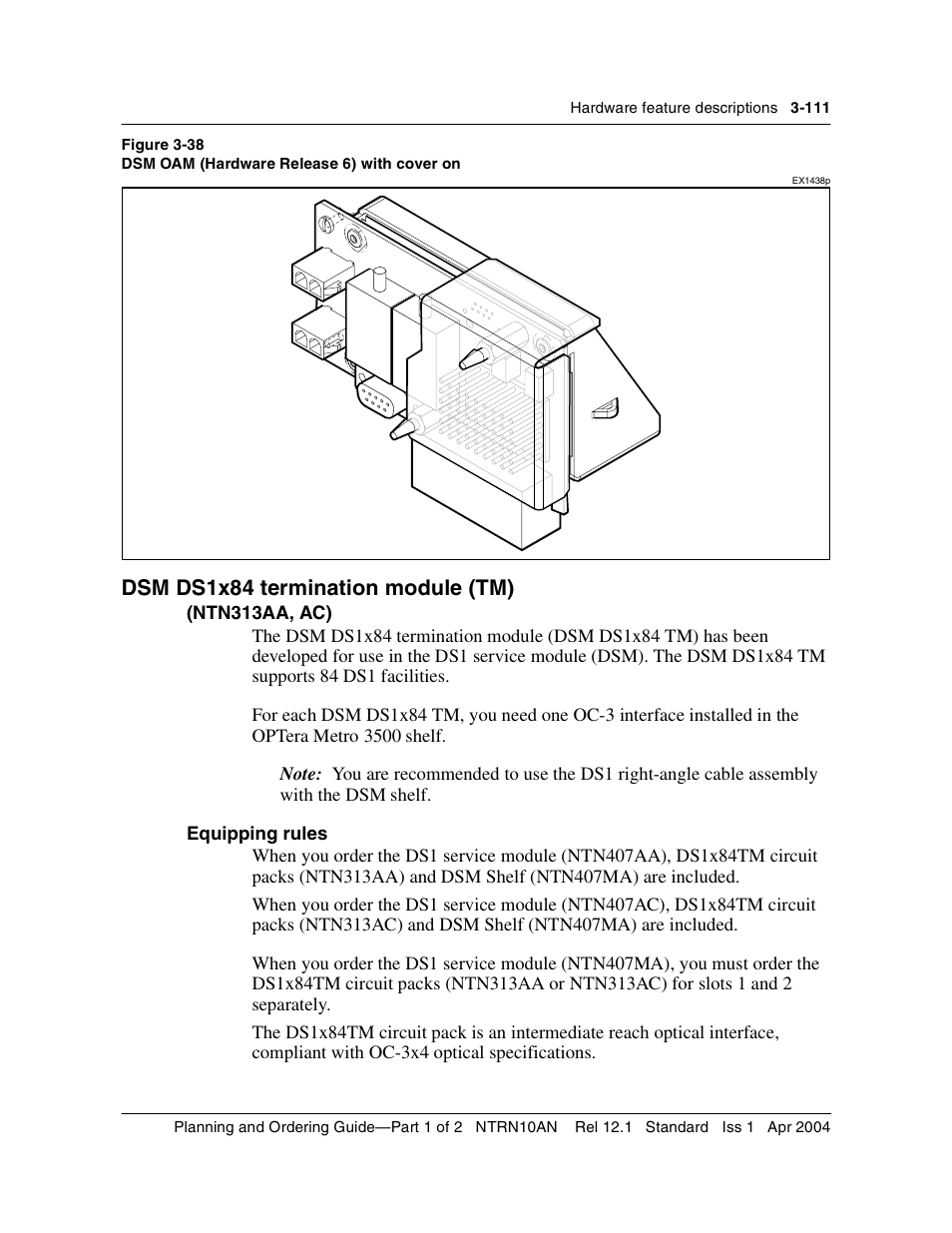 Dsm ds1x84 termination module (tm), Equipping rules, Dsm ds1x84 termination module (tm) 3-111 | Equipping rules 3-111 | Nortel Networks OPTera Metro 3500 User Manual | Page 339 / 342