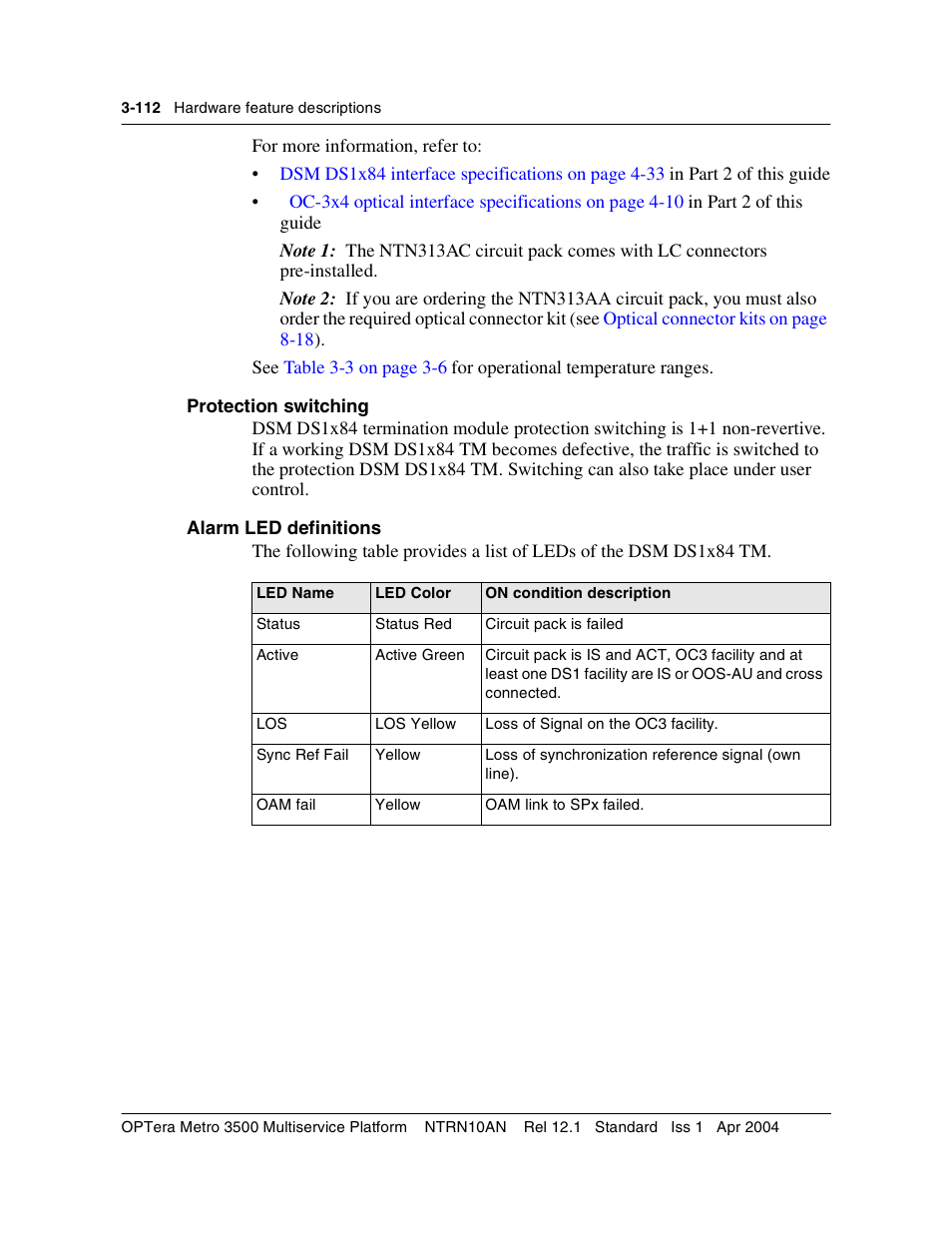 Protection switching, Protection switching 3-112 | Nortel Networks OPTera Metro 3500 User Manual | Page 340 / 342