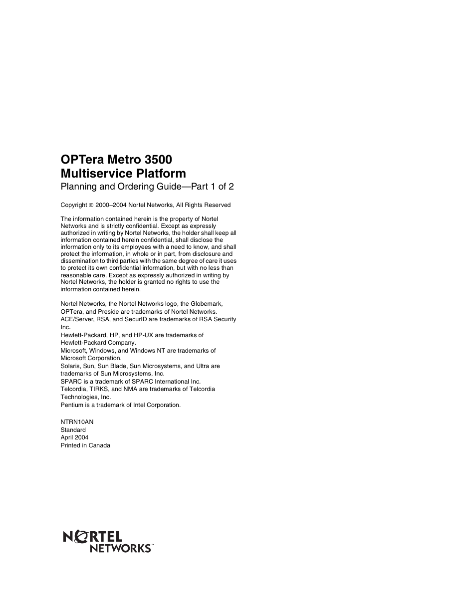 Optera metro 3500 multiservice platform, Planning and ordering guide—part 1 of 2 | Nortel Networks OPTera Metro 3500 User Manual | Page 342 / 342