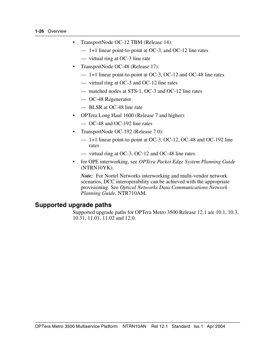 Supported upgrade paths, Supported upgrade paths 1-26 | Nortel Networks OPTera Metro 3500 User Manual | Page 38 / 342