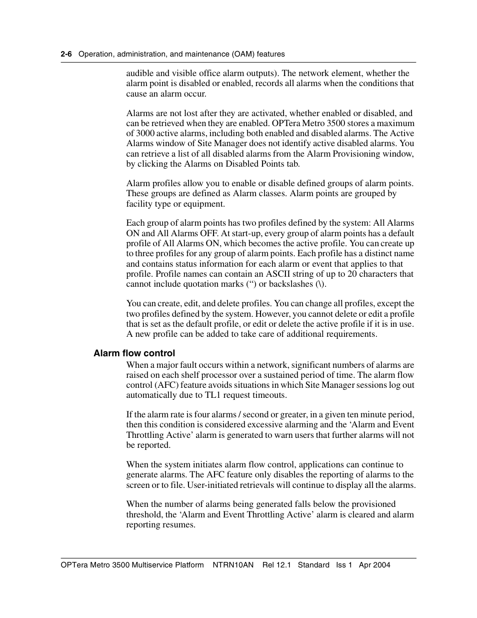 Alarm flow control, Alarm flow control 2-6 | Nortel Networks OPTera Metro 3500 User Manual | Page 44 / 342